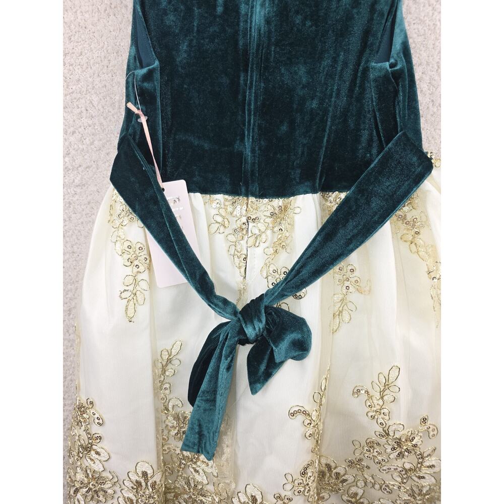 Biscotti Collezioni Girls Green Velvet and Ivory Gold Embroidered Formal Dress 6 - Picture 6 of 15